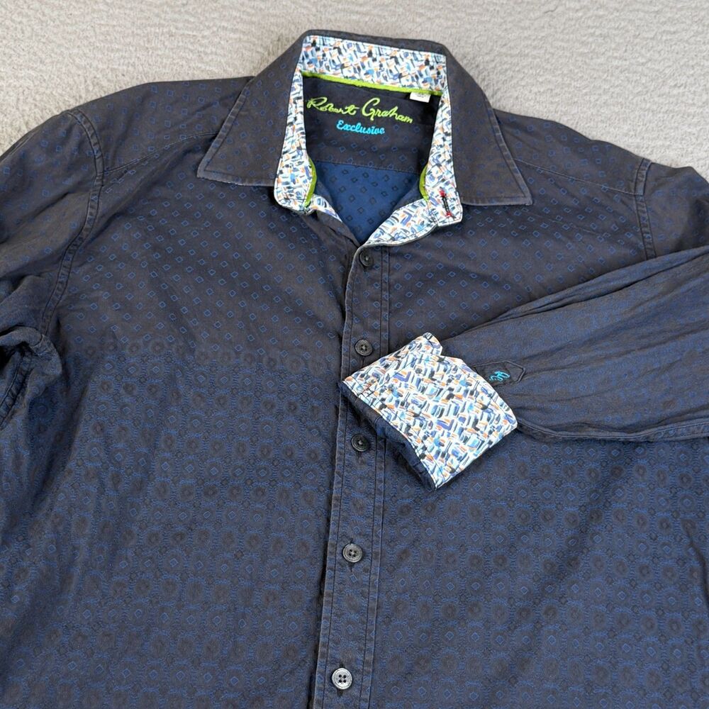 ROBERT GRAHAM Exclusive Shirt Mens Medium Blue Diamond Pattern Button Flip Cuff